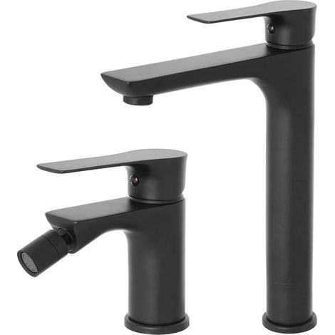 Set miscelatori lavabo alto e bidet Flat nero opaco con piletta (1/5)