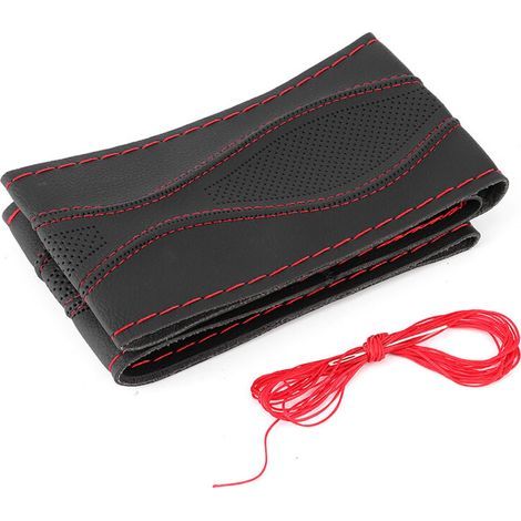 Handgenähter, geprägter Lederlenkradbezug, 38 cm/15 Zoll, mit universellen schwarzen und roten Ziernähten. (1/5)