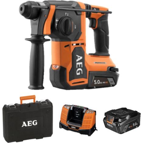 AEG - Trapano a percussione SDS+ brushless da 18 V (BBH 18BL) + 2 batterie da 5 Ah + caricabatteria + valigetta portautensili (BBH18BL2-502C) (1/4)