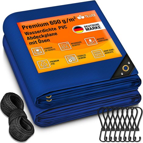 tillvex Telone blu 4x5 m con occhielli + 10 ganci e 15 m di corda Telone in tessuto 650 g/m² impermeabile e antistrappo Telone in PVC premium universale per camion, piscine, mobili da giardino in le