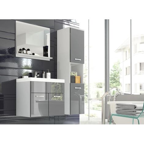 Deco In Paris – Ensemble de meubles salle de bain suspendu – Meuble lavabo avec rangement – Colonne haute 5 compartiments – Miroir design blanc et gris (1/5)