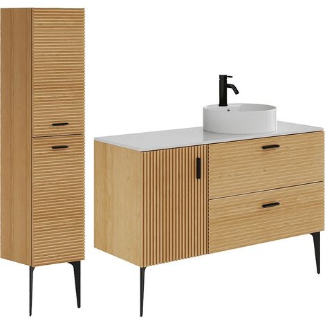 Meuble de salle de bain strié sur pieds avec vasque à poser et colonne - 1 porte et 2 tiroirs - Naturel clair - 120 cm - SARONE (1/4)