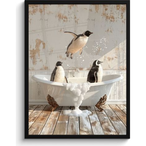 AFFICHE ENCADRÉE Vintage - Pingouin - Baignoire - Mousse Tableau Décoration Murale 60x80 (1/5)