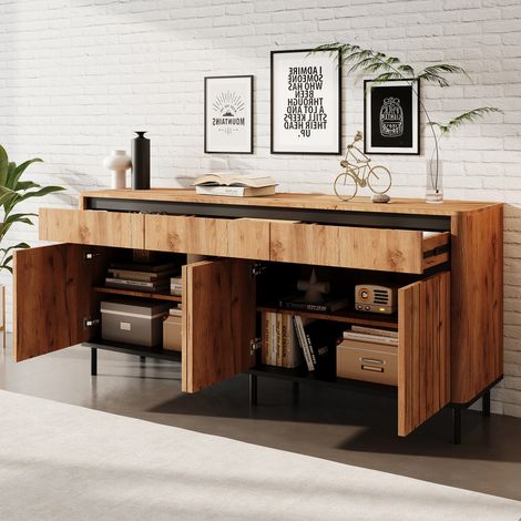 Commode TV chêne 160x40x73 cm, meuble MDF avec 3 tiroirs coulissants et 3 portes à persiennes, pieds métalliques, bords arrondis, charge 30 kg, rangement salon, aspect bois naturel (1/5)