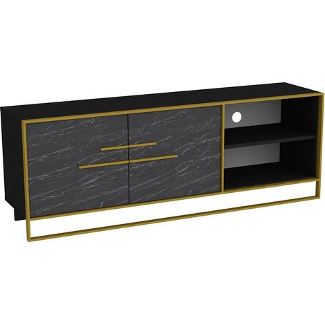 Meuble TV en bois noir effet marbre et métal doré Bali 160cm (1/5)