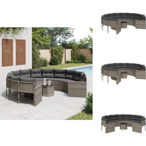 Canapé de jardin avec table coussins rond gris résine tressée - Canapé De Jardin - Salon De Jardin - Ensemble De Jardin - Mobilier De Jardin - Résine Tressée (1/5)