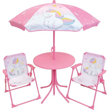 Mobilier de jardin - FUN HOUSE - Salon de jardin Licorne : Table H.46 x 46 cm, 2 chaises pliantes, parasol H.125 x�100 cm