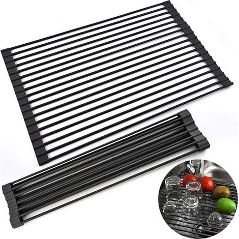 Scolapiatti arrotolabile nero da 20,5"x13" (52,1x33 cm), tappetino pieghevole rivestito in silicone, resistente al calore e alla ruggine. (1/5)