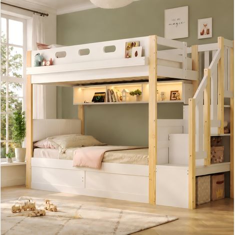 Etagenbett 90/200 cm mit Stauraumtreppe, LED, USB und hydraulischem Unterbett (1/5)