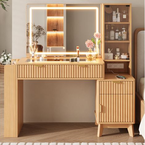 MEUBLIV Coiffeuse 133x136x40 cm naturel – miroir LED, rangements intégrés (1/5)
