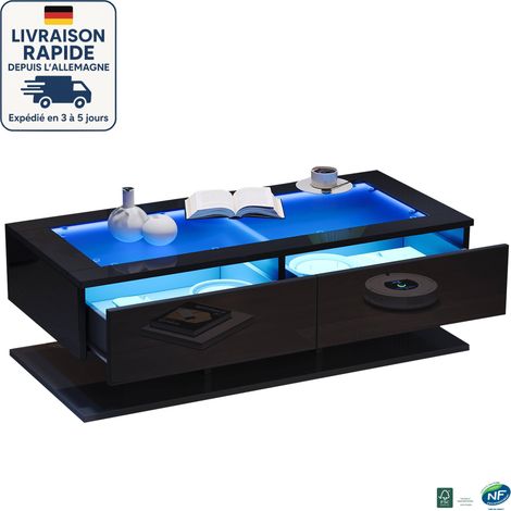 MODFU - Mesa de centro rectangular LED con 2 cajones, mesa auxiliar de sofá brillante, ideal para salón o dormitorio, 100×50×35 cm, color negro (1/5)