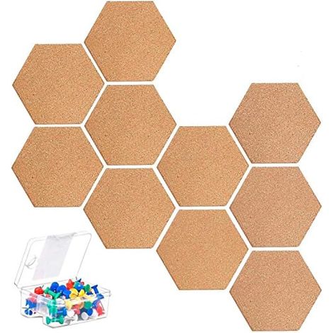 10 panneaux en liège hexagonaux, tableau d'affichage autocollant DIY multifonction pour photos, décoration bureau maison - avec 40 punaises colorées (1/5)