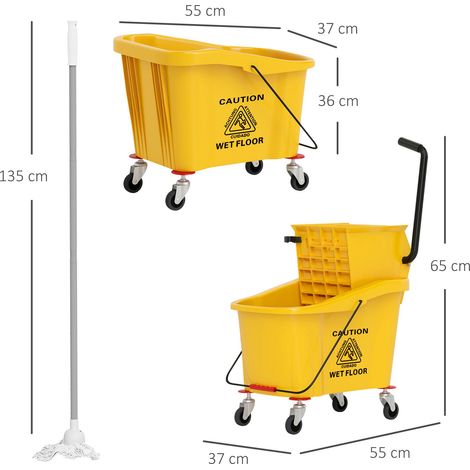 Seau professionnel de nettoyage de sols 36 L avec balai, essoreuse, roulettes et poignée, 55 x 37 x 65 cm, jaune (1/5)