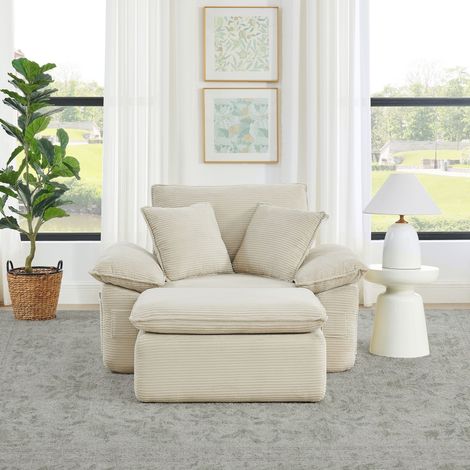 Canapé de Sol 1 Place (156x125x65cm), Chauffeuse Modulable Canapé Nuage avec Pouf, Fauteuil Tissu Doux sans Montage pour Salon et Bureau - Beige