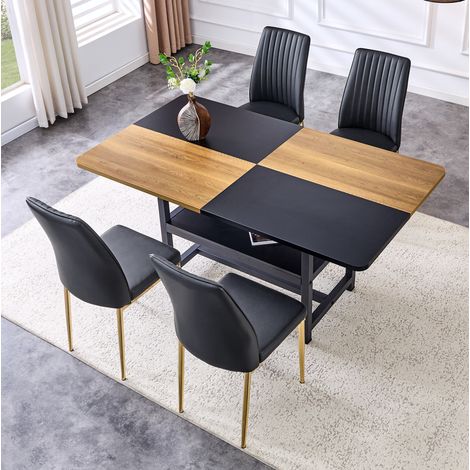 Tavolo da pranzo 160x90x76 cm con 4 sedie, vano portaoggetti integrato, MDF, metallo, nero e oro (1/5)