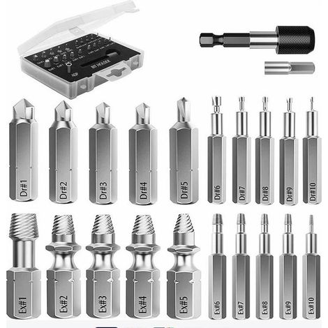Kit d'Extracteur de Vis Cassé, 22 PCS Outils d'Extraction Améliorés en Acier Allié HSS 4341 avec Mèches 2 Porte-embouts d'Extension Magnétique Adaptateur de Prise pour Boulon Endommagé, Noir (1/5)
