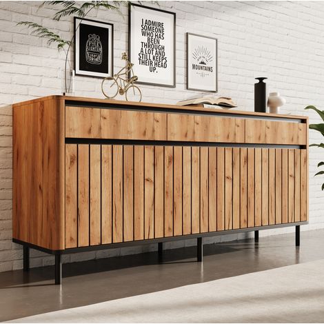 Buffet de salon 160x40x73 cm avec 3 tiroirs et 3 portes à lattes, en bois naturel (1/5)