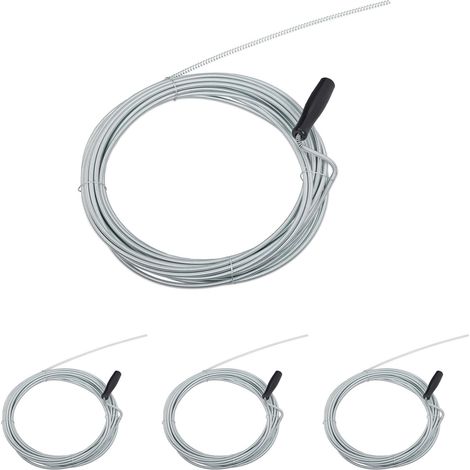 4 Desatascadores Tuberías y Desagües 10 m, Cables, Muelle, Ducha, WC, Alambre, Hierro y Plástico, Ø 5 mm, Plateado