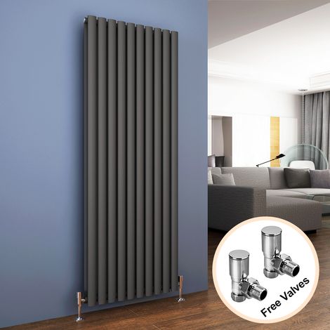ELEGANT 1600 x 590 mm Anthracite Modern Tall Bar Radiator Efficient Rads Double Oval Panel Heater Radiators + Angled Radiator Valves (1/5)