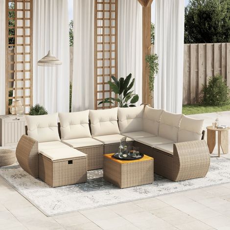 Ensemble Salon Jardin 8 Places Résine Tressée Beige avec Coussins Amovibles - Table Acacia et Structure Acier (1/4)