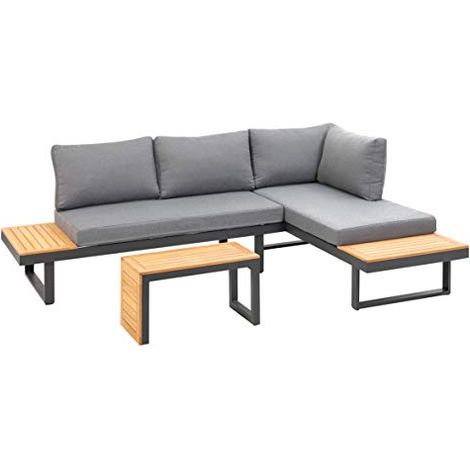 Greemotion Set Giardino in Alluminio e Legno di Acacia FSC® 100% "Samara, mobili Lounge Giardino terrazzo, divani Tavolo e Cuscini, Grigio (1/4)
