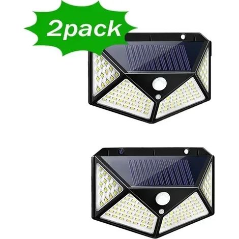 (Blanc chaud 3000K - Lot de 2) Appliques murales solaires blanc chaud (2 pièces), 4 faces lumineuses, détecteur de mouvement, étanches, pour jardin, cour ou autre extérieur. (1/5)