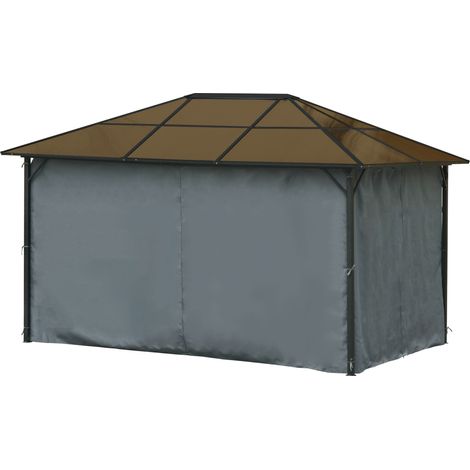 Outsunny Tonnelle pavillon de jardin avec toit rigide polycarbonate imperméable 4 parois latérales anti-UV moustiquaires 4 x 3 m gris foncé et noir (1/5)