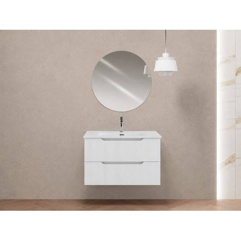 80 cm breiter Badezimmerschrank mit 2 Schubladen, mattweiß, mit Waschbecken und 70 cm rundem Spiegel Feridras Kannè 900291 weiß matt (1/5)