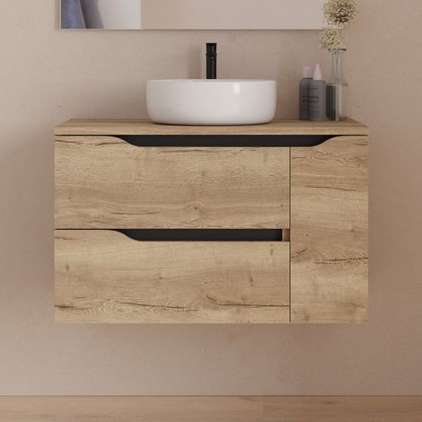 Meuble de salle de bain 80cm avec plateau et vasque à poser centrée Ares - sans miroir - 2 tiroirs et un placard - madera miel (bois clair) - ZARZA
