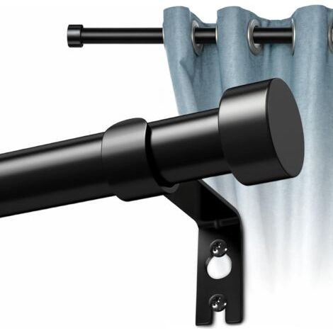 Tringle à rideau décorative, ensemble de tringle à rideau avec bouton de protection, support et kit, tringle à rideau rétractable pour portes et fenêtres de chambre, 18 à 48 pouces, noir (1/5)