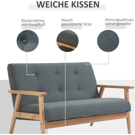 Canapé 2 places 115 cm, petit sofa à bras et dossier, revêtement lin, pieds bois, coussin lounge gris foncé pour salon ou chambre. (1/5)