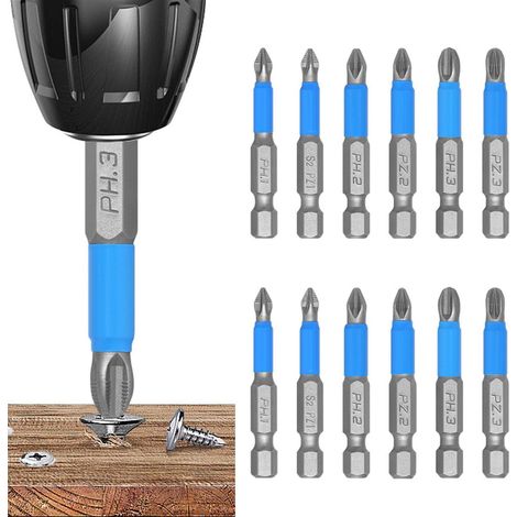 Lot de 12 tournevis cruciformes magnétiques 50 mm, 1/4", PZ1, PZ2, PZ3, PH1, PH2 (1/5)