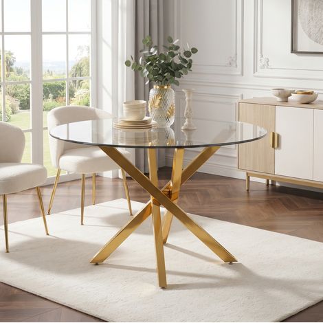 Tavolo da pranzo rotondo 80 cm in vetro e metallo dorato (1/5)