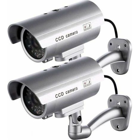 Lot de 2 caméras factices, caméras extérieures factices pour utilisation intérieure ou extérieure, avec forme de balle et LED clignotante, argent Crezuo (1/4)