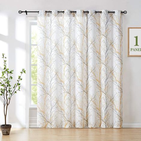 Rideaux Panneaux à Oillets - Noir et Blanc Transparents - Motif Branche d'Arbre - 240cm de Long-or (1/5)