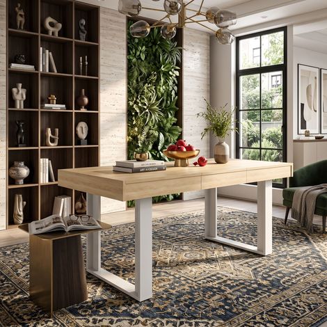 Creahappy Table à Manger Extensible 120-160x75 cm - Gain de Place 4 à 8 Personnes - Style Moderne Chêne et Métal Blanc - Salle à Manger (1/5)