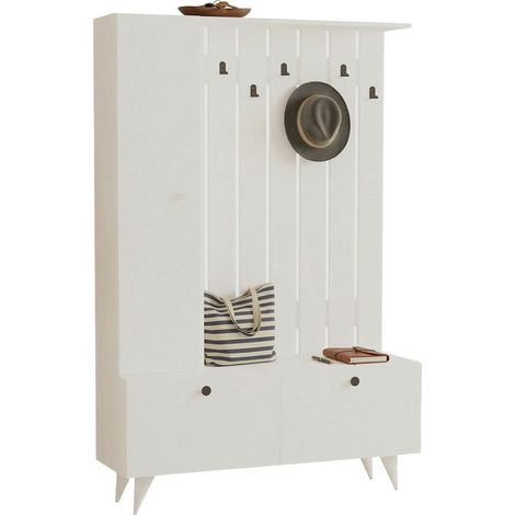 Mueble de Entrada Aiello, Perchero, 6 Estantes, Apertura Abatible, 112x35x170h cm Blanco