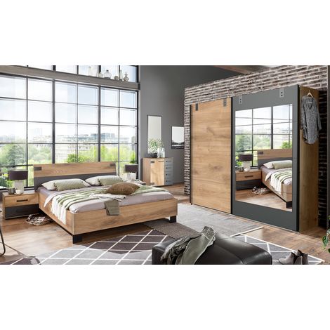 Chambre à coucher complète adulte (lit 180x200cm + 2 chevets + armoire + commode) coloris chêne foncé -PEGANE- (1/2)