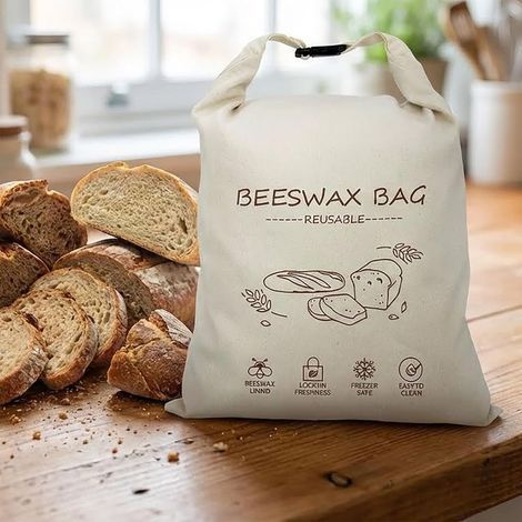 Sacchetto per il pane in cera d'api – realizzato in lino e cotone, rivestito con cera d'api biologica, appositamente progettato per il pane (33 x 43 cm). (1/5)