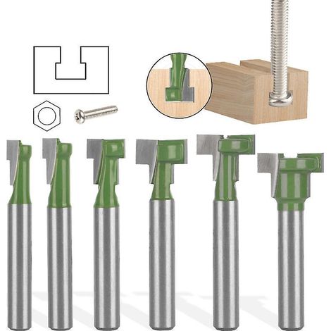 fraise Rainure En T, 6.35mm Routeur Rainure En T Forme Routeur Bits, 6pcs Queue T-slot Routeur Bit Set Pour Outils Lectriques Outil De Menuiseri (1/5)