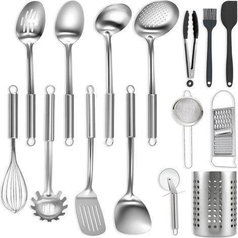 15 ustensiles de cuisine, acier inoxydable, spatule silicone, louche, fouet, rangement cuisine (1/5)