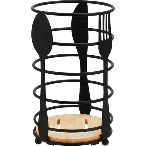 Küchenbesteckständer aus Edelstahl, Besteckhalter mit Holzsockel und spiralförmigem Design, zur Aufbewahrung in der Küche, auf der Arbeitsplatte und dem Tisch, stabiles Küchenaccessoire (schwarz)