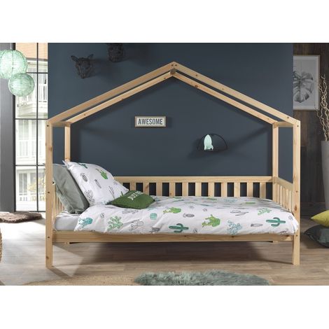 Lit cabane 90x200 avec matelas pin massif clair Bali