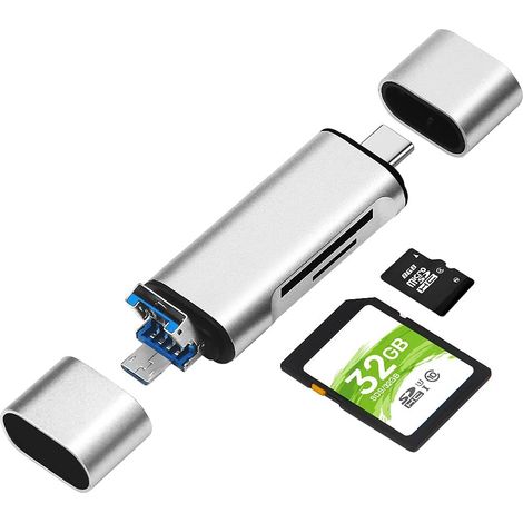 Lecteur de cartes SD/Micro SD 3-en-1, adaptateur USB-C/Micro-USB OTG pour ordinateur portable, MacBook, tablette et smartphone (argenté). (1/3)
