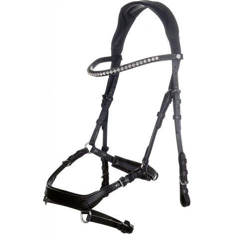 Pony, Schwarz 9100: Lederzaum mit breitem Genickstück und strassbesetztem Teil komplett mit Gurtzügeln Modell Pro Anatomic (1/5)