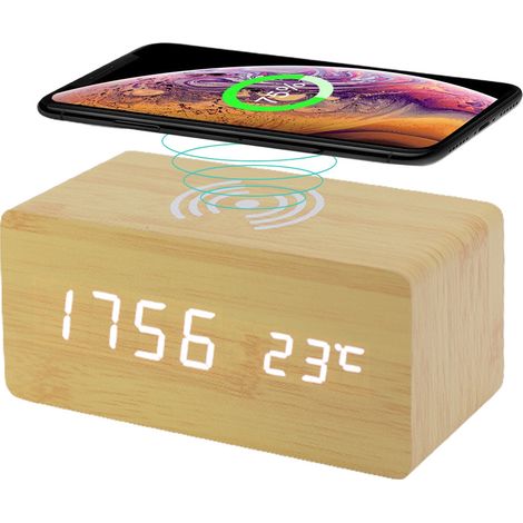 Horloge en bois créative à LED numérique multifonctionnelle avec recharge sans fil intelligente, fabriquée en acrylique (1/5)