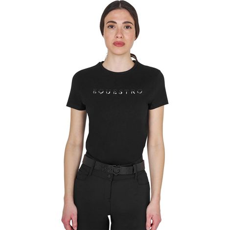 S, Nero: T-shirt da donna in cotone a manica corta con stampa logo laminato (1/5)