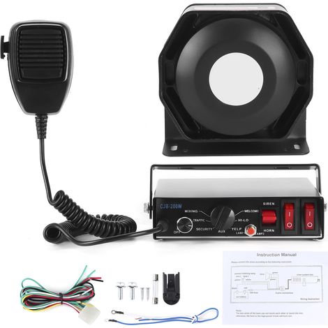 200-W-Gleichstrom-Sirene (12 V), 8 Töne, 130 dB, mit Lautsprecher und 2 LED-Leuchten – Universelle Schnittstelle für Fahrzeuge (1/5)