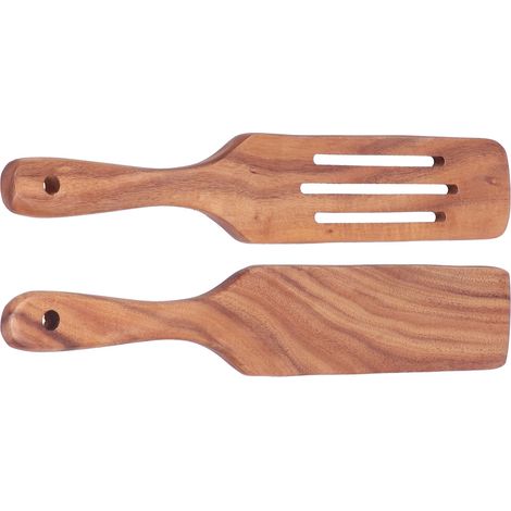 Lot de 2 spatules ajourées en bois simple avec long manche pour la préparation et le mélange de salades. (1/5)