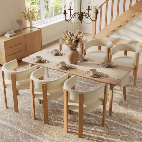 Set di 6 sedie da pranzo in tessuto flanella e metallo con schienale e gambe effetto legno, stile moderno, beige (1/5)